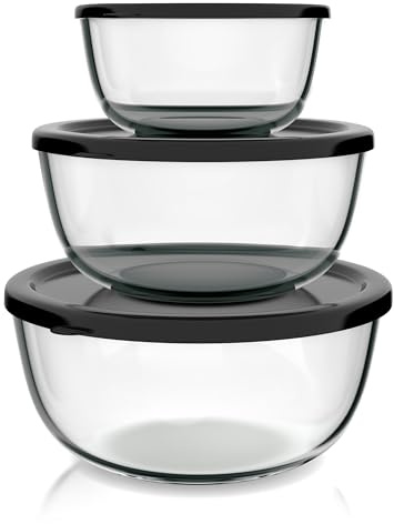 Arendo - Salatschüssel aus Glas mit Deckel - Glasschüssel 3er Set - 1100ml + 2700ml + 4400ml – Rührschüsseln klein bis groß – Borosilikatglas - Glasschale Salatglasschale