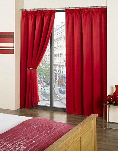 RAYYAN LINEN Thermal Pencil Pleat Blackout Tape Top Pair of Curtains With Free Tiebacks (46 X 72, Red)