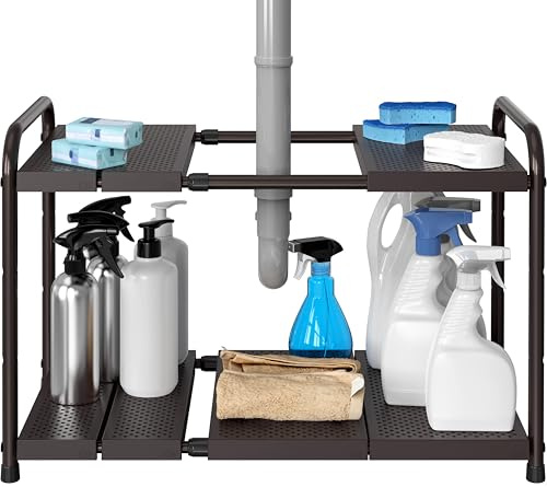 Simple Houseware Under Sink 2-Tier Heavy Duty Expandable Rack Organizer, Adjustable Width 15.75–25 Inches with 4 Shelf Height Levels, Bronze