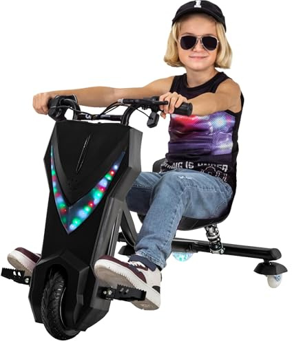 Actionbikes Motors Kinder Elektro Driftscooter (Black) | 𝟐𝟓𝟎 Watt | Drift Cart 360°| 3 Geschwindigkeiten | LED-Beleuchtung | Sitz verstellbar | Bluetooth | Drift Kart | Drift Auto