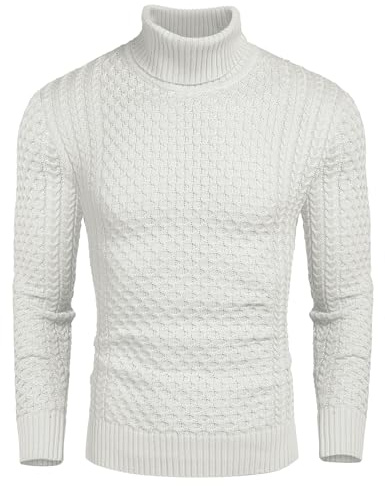 COOFANDY Men's Slim Fit Turtleneck Sweater Casual Knitted Twisted Pullover Solid Sweaters A-White Large