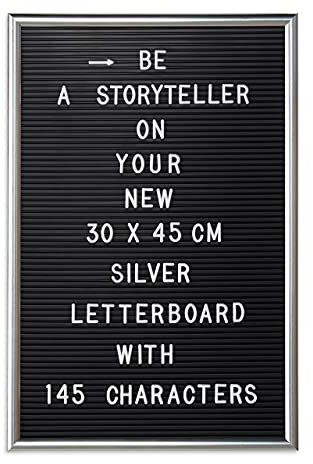 Relaxdays Letter Board con Cornice, Lettere Numeri Caratteri Speciali, Bacheca con Scanalature XL, 30x45 cm, Argento