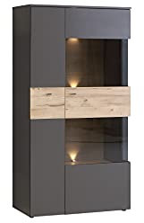 FORTE Como Highboardvitrine mit 1 Tür und 1 Glastür, Holzwerkstoff, Uni Wolfram Grau Kombiniert mit Planked Eiche, 90,1 x 168,1 x 41,3 cm