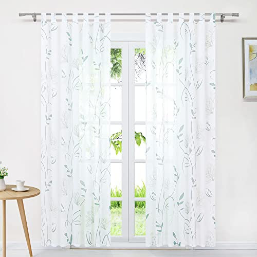 Delien Voile Gardinen 2er Set Gardinenschals mit Schlaufen Flächenvorhänge »Lotus« Transparenter Vorhang mit Blumenmuster Landhaus Deko Wohnzimmer Fenstergardine BxH 140x175cm,Weiß