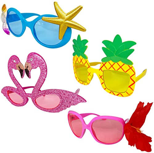 Luau Hawaii-festglasögon – 4 st roliga hawaiianska solglasögon, tropiska festglasögon rekvisita, roliga sommarbarn vuxna festgåvor, strandtema festtillbehör dekoration
