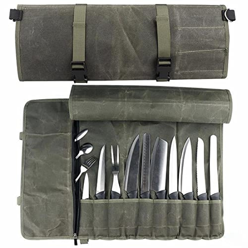 Waterproof Waxed Canvas Chef Knife Roll Pouch, Foldable Travel BBQ Tool Roll Pouch Strap, Portable Knife Case, Knife Organizer with 10 Slots and One Zipper Pocket, Army Green