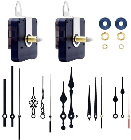 LUSEE 2 Stücke Uhrwerk für Wanduhr Lautlos mit 5 Sätze Uhrzeiger, Quarz Uhrwerke für Wanduhren Langer und kurzer Schaft Mechanismus Ersatz Zubehör (16mm/0,62Zoll, 22mm/0,86Zoll), Schwarz