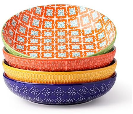 Metahom Ceramic Pasta Bowls, 40 Oz Large Salad Bowls, 8.75'' Wide and Shallow Bowls for Kitchen, Serving Bowls and Plates Set, Dishwasher & Microwave Safe, Set of 4