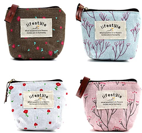 Münzbörse Mini, Schlüsseletui, Kleingeldbörse, Klein Geldbörse, Kleingeld Portemonnaie, Damen Münzbeutel, Mini Geldbeutel Täschchen, Schlüsseltasche Leinwand, Für Schlüsselanhänger Münzen, 4 Stück