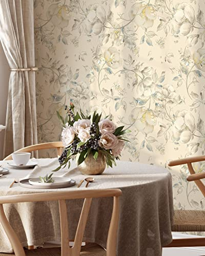 Coloritto Beige Floral Art Drawing Wallpaper | Removable Watercolor Floral Mural | Pastel Floral Self Adhesive Peel and Stick Wallpaper (Sample 12 W x 8 H)