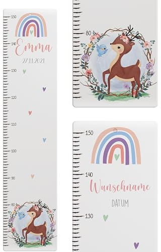 Kidsmood - Personalisierte Messlatte Kinder aus Aluverbund – Hochwertige Messleiste & Wand-Deko für Kinderzimmer mit liebevollem Reh – Tolles Taufgeschenk für Mädchen & Jungen - Skala 65-140cm