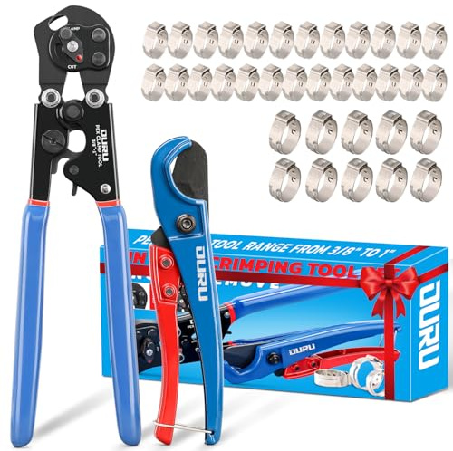 OURU 2 IN 1 Ratchet Pex Crimping Tool Cinch and Remove Combo Function Pex Pipe Crimp Tool from 3/8 to 1 Pex Crimper with Pex Cutter and Stainless Steel Pex Clamps 1/2 25PCS,3/4 10PCS