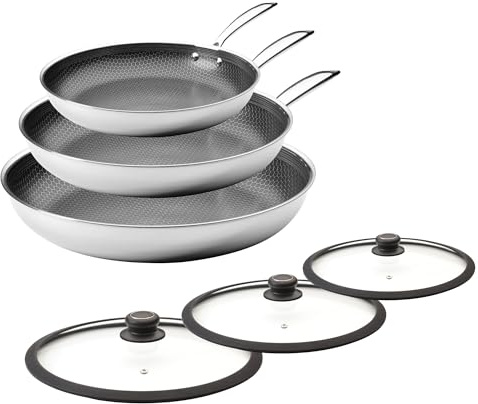 Black Cube Hybrid Cookware Set - 6 Piece Stainless Steel Non Stick, Quick Release Fry Pan Set with Lids - 8, 11, 12.5 Pans - Oven & Dishwasher Safe - Induction Suitable