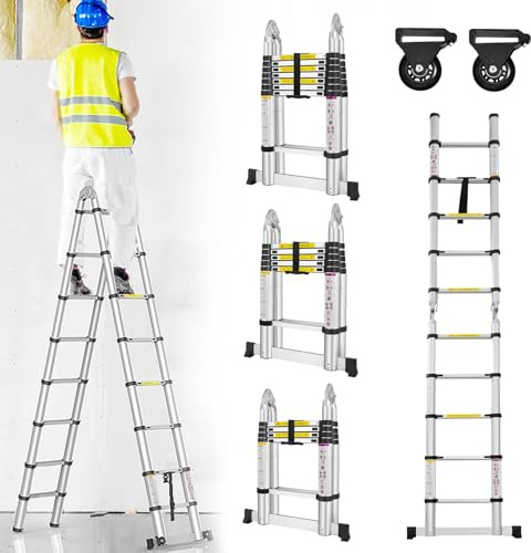 YARDIN Klappbar Teleskopleiter 5m(2.5m+2.5m), Aluminium Leiter Ausziehbar, Rutschfester Klappleiter Stehleiter Multifunktionsleiter 150 kg Belastbarkeit, Silber
