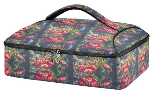Mnsruu Red Flamingos Vintage Casserole Carrier for Hot or Cold Food, Insulated Casserole Dish Carrier Bag with Lid, Food Carrier for Travel Party Picnic Tote Bag