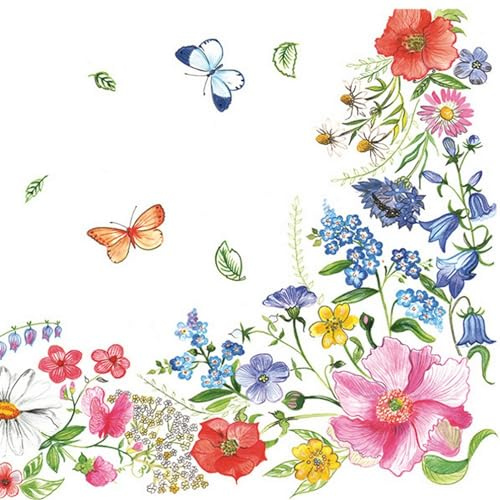 20 Servietten Blumen, Garten & Natur Bordüre aus farbigen Blumen als Tischdeko. Papierservietten mit Motiv. Auch für Decoupage und Serviettentechnik 33x33cm
