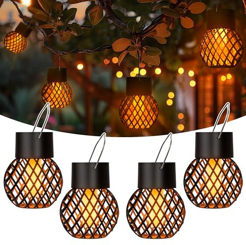 GIGALUMI Luci solari da giardino, confezione da 4 luci solari a sospensione, fiamma tremolante, luci a sfera per esterni, impermeabili, per giardino, cortile, recinzione, albero