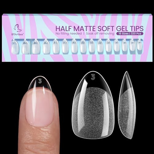 BTArtbox Half Matte Clear Soft Gel Nail Tips, Short Almond, 320 Pcs | Halbmatte Textur, Vorgeformt, Einfach Anzubringen, Ablösbar, Salonqualität für zu Hause, Nur 320 Stück Nagelspitzen, 16 Sizes