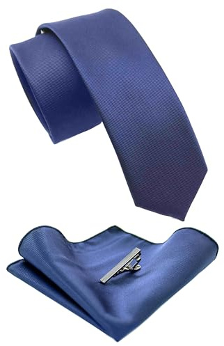 JEMYGINS Schmale Herren Krawatte und Einstecktuch krawattenklammer Set 6cm helles Marineblau
