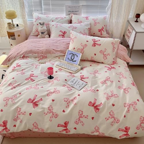 Lanqinglv Bettwäsche 135x200 Mädchen Rosa Schleifen Kinder Wendebettwäsche | Oeko-TEX,Kinderbettwäsche,Microfaser,für Allergiker,Aesthetic Bettbezug mit Reißverschluss und 1 Kissenbezug 80x80 cm