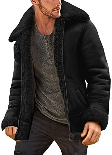 Men Dress Jacket Casual Men Autumn And Winter Plus Size Winter Coat Lapel Collar Padded Leather Jacket Vintage Thicken Coat Sheepskin Jacket Mens Funnel Neck Coat (Black, XXXXXL)
