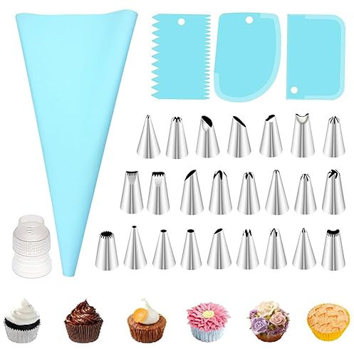 29 Pcs Piping Bags and Piping Tips Set, Stainless Steel Frosting Piping Bake Cake Decorating Kit, Pastry Cake Decorating Tips For Cookies Cupcake
