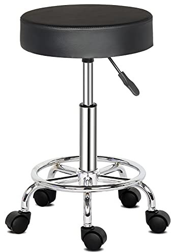 Bonnlo Rollhocker höhenverstellbar, Bürohocker 8cm Polsterung, Arbeitshocker 360° drehbar, Drehhocker für Büro/Salon/Bar, Kunstleder, Schwarz