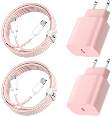 Chargeur pour iPhone 15/16, Lot de 2 20W Chargeur Rapide pour iPhone avec 2m Câble USB C pour Phone 16/16 Plus/16 Pro Max/15/15 Plus, PD3.0 USB C Prise Adaptateur Secteur Embout - Rose+Rose