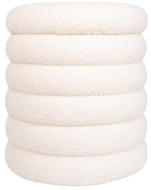 The Kantya Runder Hocker - Weißer Ottomane für Schminktisch mit Beleuchtung, Komfortabler Schminktisch Stuhl im Modernen Boho Stil, Sitzmöbel aus Teddystoff & Bouclestoff