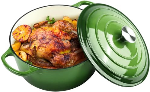 Cocotte en fonte émaillée de 6 litres avec couvercle – Grandes poignées – Passe au four jusqu'à 260 °C – Cocotte ronde classique pour une cuisine polyvalente (vert, 6 l)