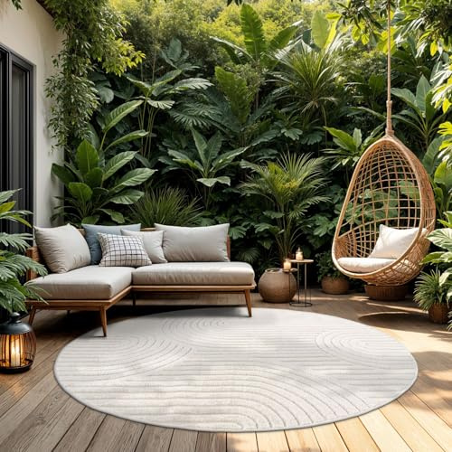 TT Home Outdoor Teppich Rund 120 cm Creme, Wetterfest & Robust Japandi Skandi Design mit Geometrischer 3D-Optik, für Terrasse & Wohnzimmer