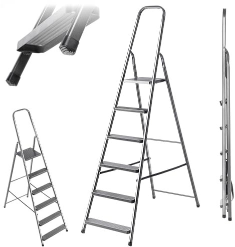 KADAX Scala in Acciaio a Gradini Pieghevole con Piedini Antiscivolo, Unilaterale con Ripiano a Pioli (6 Gradini)