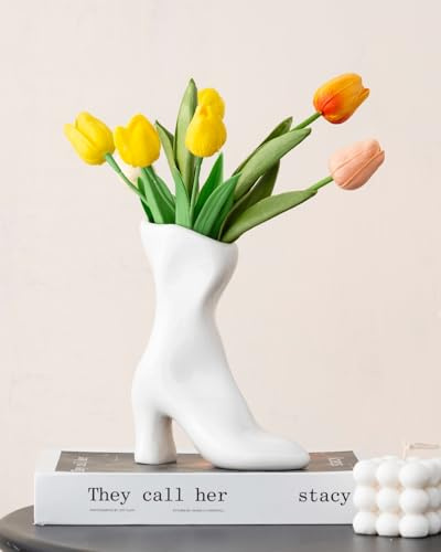 Female Boot Vase, Nordic Modern Ceramic Flower Vase for Home Decor, Table Centerpiece, Olive Plant, Wedding, Living Room, Bookshelf, Office, Modern Home, Entryway, Console (White)