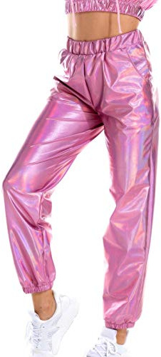 Glänzende Metallic Hose Damen Jogginghose 80er 90er Jahre Lack Leder Wet Look Hip Hop Holografische Hose Jogginghose Party Festival Club Hosen