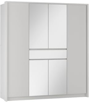 Easy4You Split Weiß Kleiderschrank 200x217x65 cm mit Spiegel - Schlafzimmermöbel, Aufbewahrung – Mehrzweckschrank mit Schublade und 4 Kleiderstangen