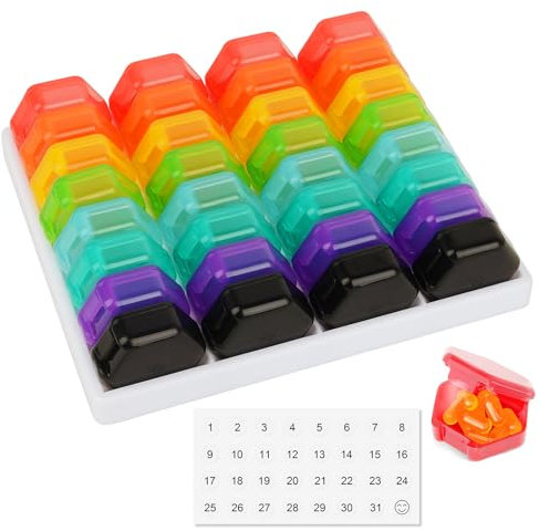 Monthly Pill Organizer 32 Gitter, 31 Tage Pillenbox 4 Wochen ein Portable Monat Pillenbehälter große Fächer Medizinorganisator für Vitamine，Medicine, Fish Oil Pillenbox (Mehrfarbig)