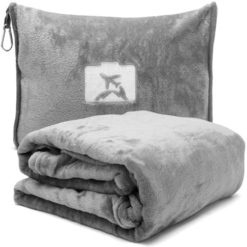 Manta de viaje 2 en 1 y almohada de viaje con cremallera, almohada multifuncional, suave y cálida, manta para avión, manta compacta para avión, coche, oficina, viajes, 127 x 152 cm
