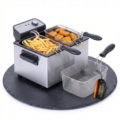 Sommertal Friteuse double XXL avec huile ou graisse, 3 paniers, 5 litres, 3000 W, zone froide, DF3270 - Véritable friteuse en acier inoxydable pour des frites croustillantes
