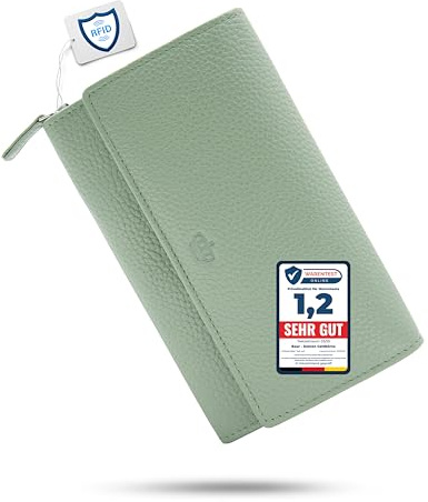 Baur XXL Damen Geldbörse – Echtes Leder mit RFID-Schutz – Extra großes Portemonnaie mit 18 Kartenfächern – Druckknopfverschluss & Münzfach mit Reißverschluss (Salbei-Grün)
