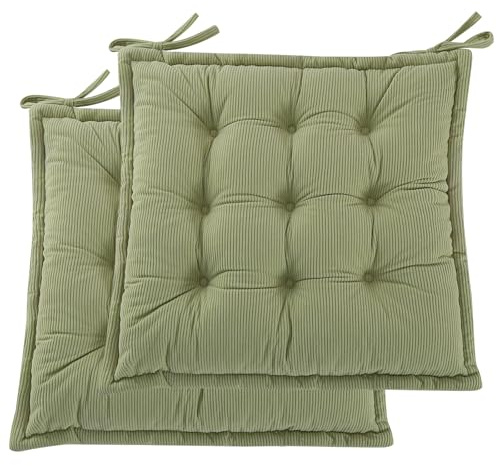PRIMEPATIO Indoor Sitzkissen Stuhl 2er Set – Komfortable Cordstoff-Sitzmatte Stuhlkissen mit Bändern, Hochwertige Füllung, Ideal für Esszimmer, Büro, Wohnzimmer, Outdoor Gartenstuhl, 40x40x7, Hellgrün