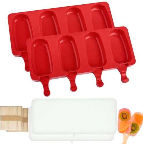 2 Pcs Ice Lolly Moulds with Sticks, 8 Cavity Silicone Ice Cream Moulds, Non-Stick Cakesicle Moulds, Ice Popsicle Mould with Lid, 100 Sticks and 50 Popsicle Bags for DIY Ice Cream, BPA-Free