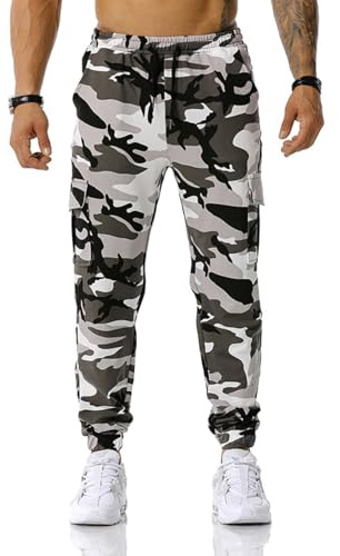 maxToonrain Men's Camo Cargo Joggers Loose Fit Tracksuit Bottoms with Four Pockets Elastic Waistband for Casual Outdoor Hiking Combat Gym Daily (Grey, Medium)