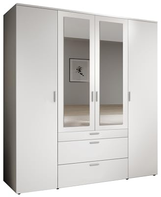 Drehtürenschrank >Vesala< 180x195x56 cm Kleiderschrank Weiß mit 4 Türen, 2 Spiegeln, 3 Schubladen, 8 Einlegeböden, 1 Kleiderstange, Melamin, kratzfest, pflegeleicht, zerlegt, modern und funktional.