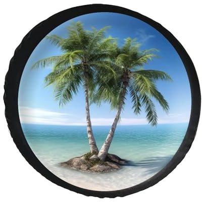 Sea Palm Trees Spare Tire Cover PVC Leather Spare Wheel Cover Dustproof Waterproof Jeep Tire Cover for 28inch Camper, RV Trailer, Truck, SUV Fit Diameter 28-34 Inch