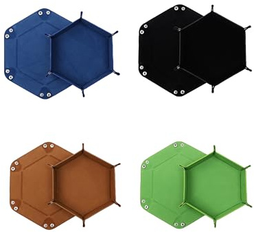 4er Set Würfelteller Hexagon – Faltbare Würfelmatte aus PU-Leder & Samt – Dice Tray/Würfelunterlage für DND, RPG, 4 Farben, tragbar (Schwarz, Braun, Grün, Blau)