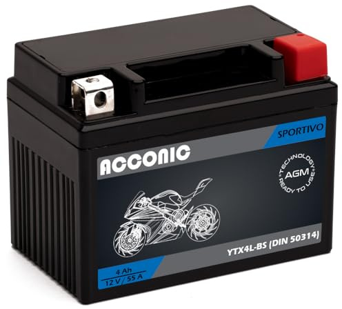 ACCONIC Sportivo AGM YTX4L-BS Motorradbatterie 4Ah 12V 55A DIN 50314 Maße: 113x70x85mm ideal für Roller, Moped, Quad & Motorrad – wartungsfrei & auslaufsicher