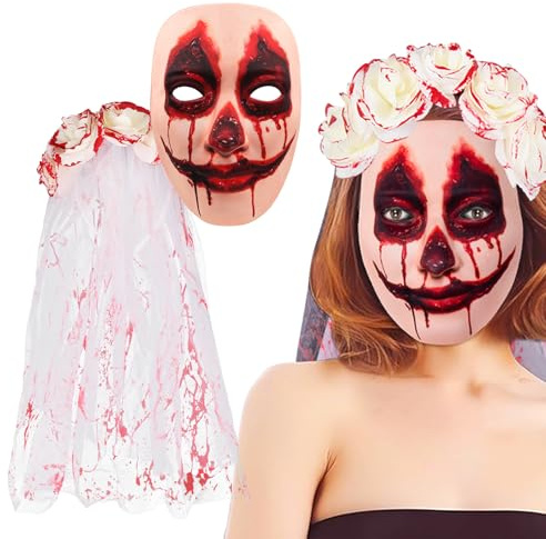 Halloween Frauen Blumenstirnbänder,Realistische Blutende Wundmaske,Halloween Horror Gesicht Kopfbedeckung Weißer blutiger Schleier Karnevals Accessoire Für Kostümpartys,Cosplay,Maskerade Requisiten