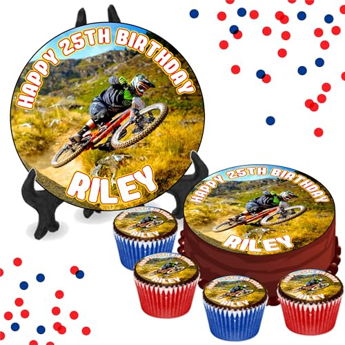 Mountain Bike Jumping PERSONALISED Edible Cupcake Toppers / 8 Inch Cake Wafer or Icing - Adults & Kids Birthday Party Decorations - Perfect for Brownies, Cookies, Muffins & More!