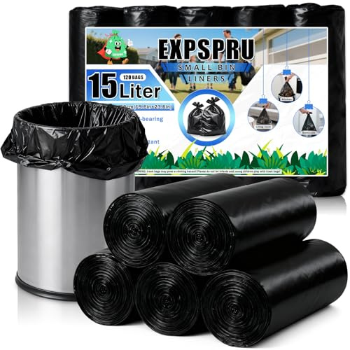 Expspru Pedal Bin Liners 15L Small Bin Bags Bathroom Wastebasket Bin Bags for Office, Kitchen, Bedroom,Black,120 Count