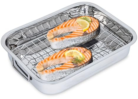 Rostfri stålgryta med avtagbart grillgaller – 32 x 24 cm – ugnsform med handtag och rost för grill och ugn – Sverigeskål grillskål, bakform, dessertform, diskmaskinssäker